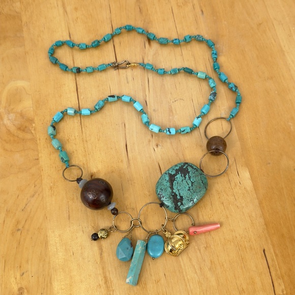 CHAN LUU Multi-beaded Turquoise Long Necklace w Crown Charm & Sterling 925 Clasp - Picture 7 of 16